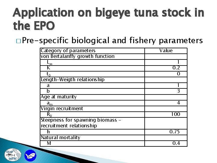 Application on bigeye tuna stock in the EPO � Pre-specific biological and fishery parameters