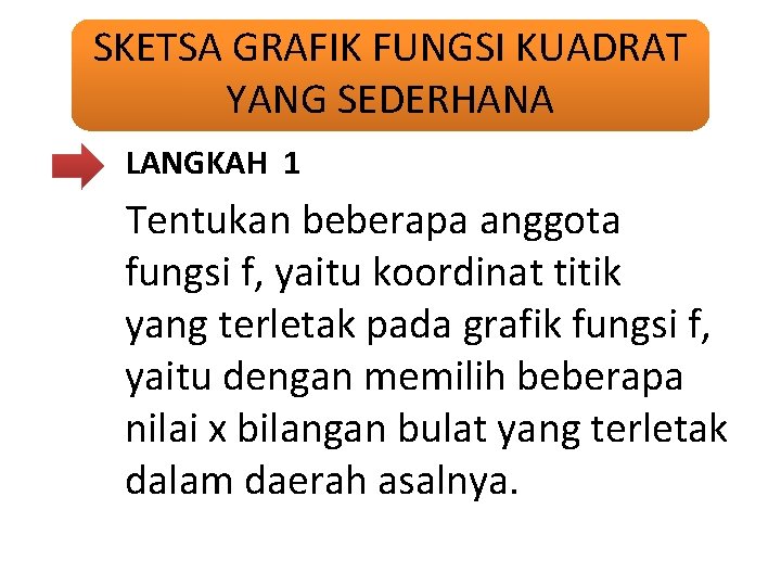 SKETSA GRAFIK FUNGSI KUADRAT YANG SEDERHANA LANGKAH 1 Tentukan beberapa anggota fungsi f, yaitu