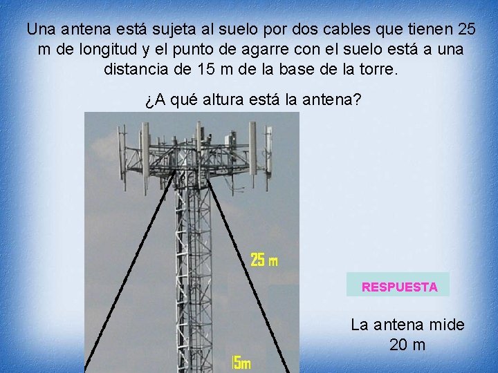 Una antena está sujeta al suelo por dos cables que tienen 25 m de