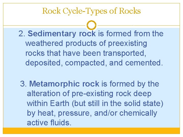 Rock Cycle-Types of Rocks 2. Sedimentary rock is formed from the weathered products of