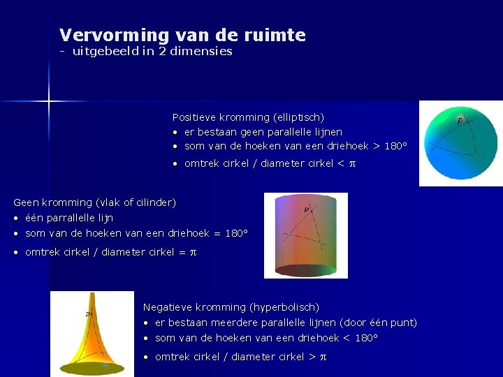 Vervorming van de ruimte - uitgebeeld in 2 dimensies Positieve kromming (elliptisch) • er