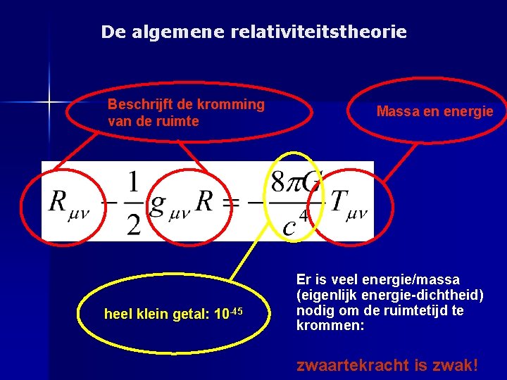 De algemene relativiteitstheorie Beschrijft de kromming van de ruimte heel klein getal: 10 -45