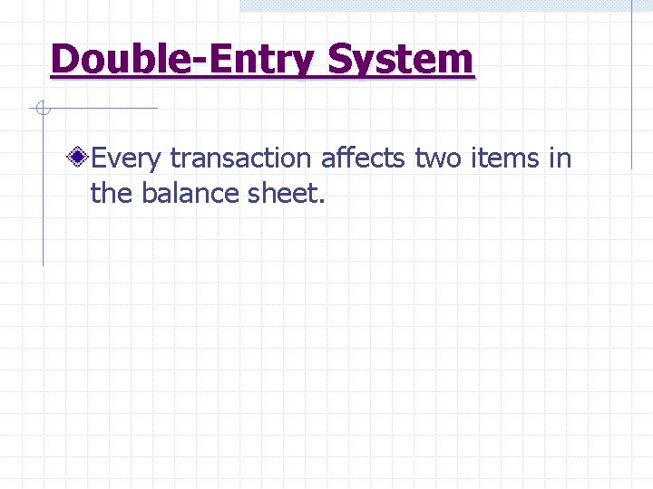 Double-Entry System Every transaction affects two items in the balance sheet. 