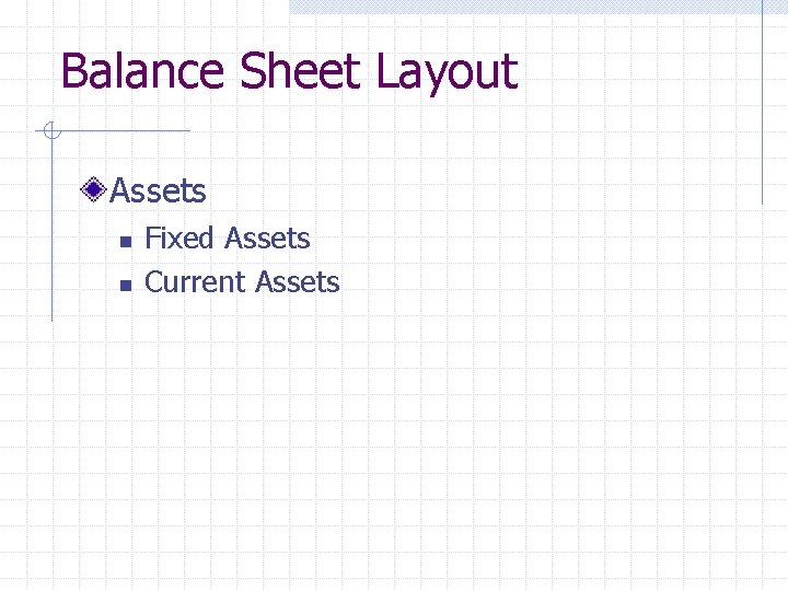 Balance Sheet Layout Assets n n Fixed Assets Current Assets 