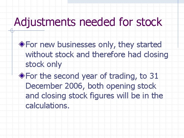 Adjustments needed for stock For new businesses only, they started without stock and therefore