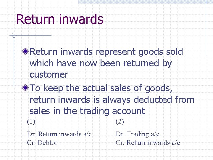 Return inwards represent goods sold which have now been returned by customer To keep