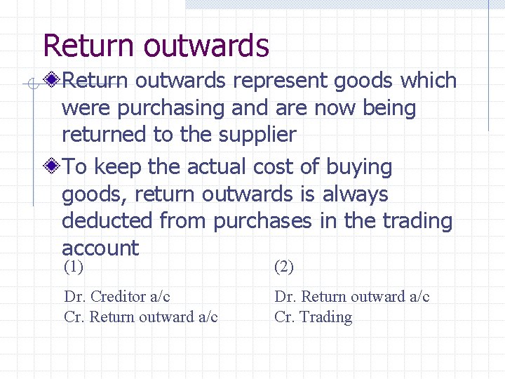 Return outwards represent goods which were purchasing and are now being returned to the