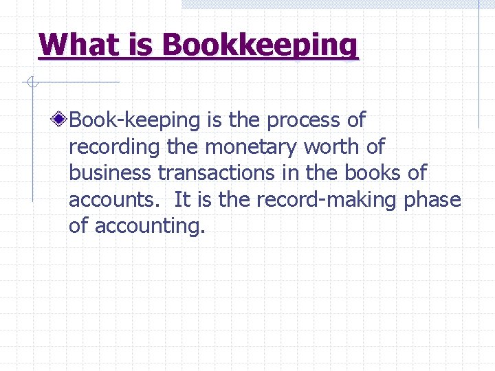 What is Bookkeeping Book-keeping is the process of recording the monetary worth of business