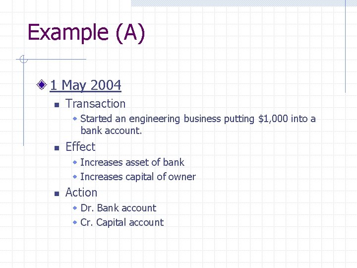 Example (A) 1 May 2004 n Transaction w Started an engineering business putting $1,