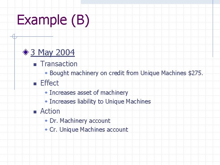 Example (B) 3 May 2004 n Transaction w Bought machinery on credit from Unique