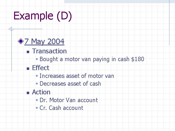 Example (D) 7 May 2004 n Transaction w Bought a motor van paying in