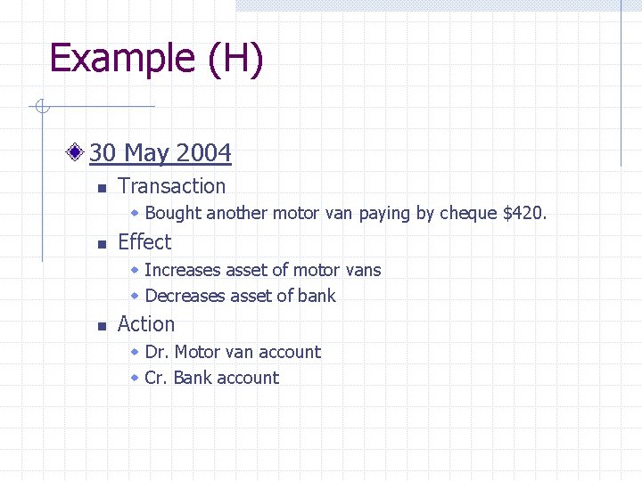 Example (H) 30 May 2004 n Transaction w Bought another motor van paying by