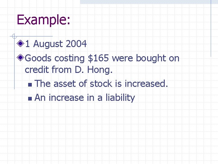 Example: 1 August 2004 Goods costing $165 were bought on credit from D. Hong.