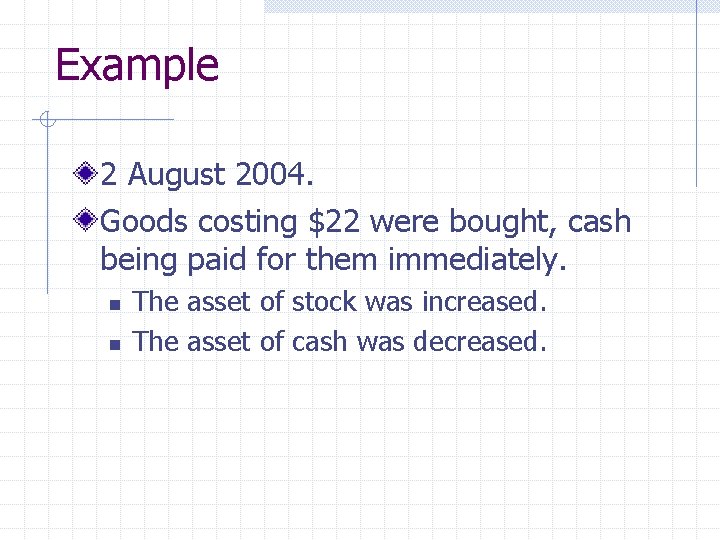 Example 2 August 2004. Goods costing $22 were bought, cash being paid for them