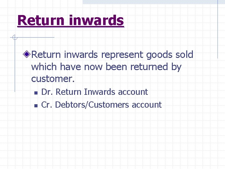 Return inwards represent goods sold which have now been returned by customer. n n
