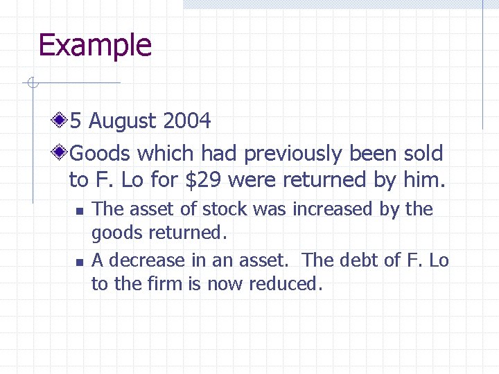 Example 5 August 2004 Goods which had previously been sold to F. Lo for