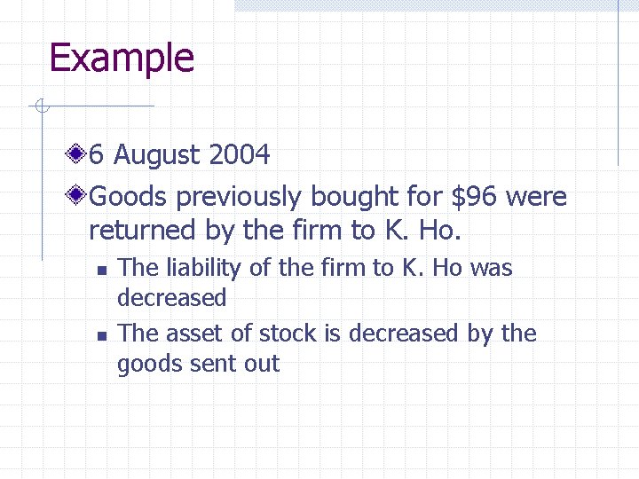 Example 6 August 2004 Goods previously bought for $96 were returned by the firm