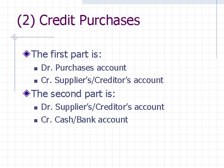 (2) Credit Purchases The first part is: n n Dr. Purchases account Cr. Supplier’s/Creditor’s