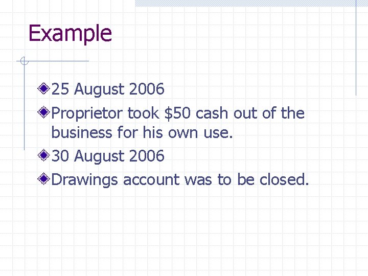 Example 25 August 2006 Proprietor took $50 cash out of the business for his