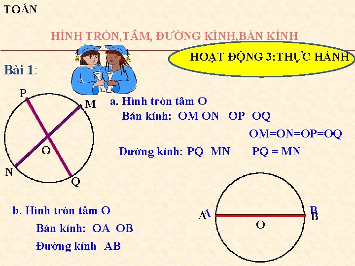 TOÁN HÌNH TRÒN, T M, ĐƯỜNG KÍNH, BÁN KÍNH HOẠT ĐỘNG 3: THỰC HÀNH