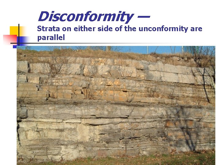 Disconformity — Strata on either side of the unconformity are parallel 