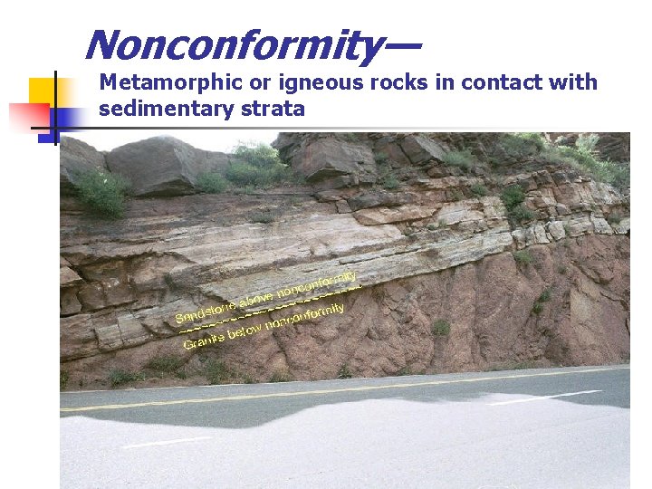 Nonconformity— Metamorphic or igneous rocks in contact with sedimentary strata 