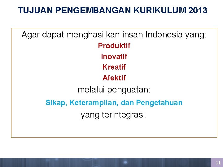 TUJUAN PENGEMBANGAN KURIKULUM 2013 Agar dapat menghasilkan insan Indonesia yang: Produktif Inovatif Kreatif Afektif TUJUAN PENGEMBANGAN KURIKULUM 2013 Agar dapat menghasilkan insan Indonesia yang: Produktif Inovatif Kreatif Afektif