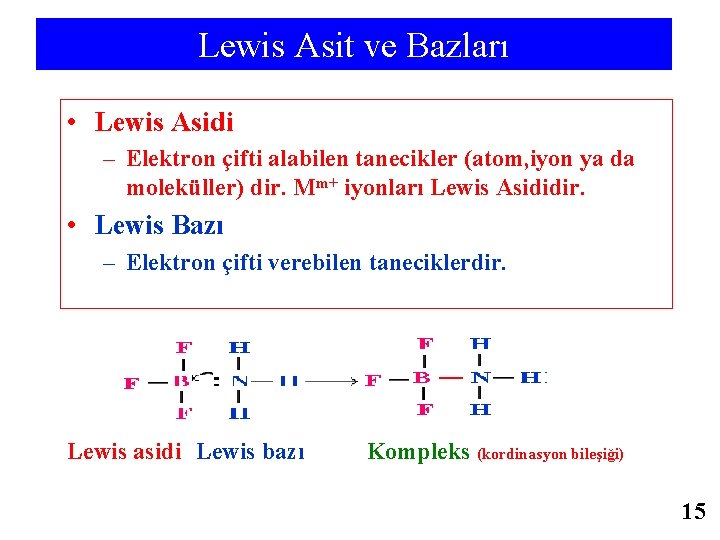 Lewis Asit ve Bazları • Lewis Asidi – Elektron çifti alabilen tanecikler (atom, iyon