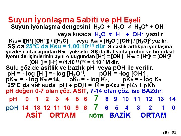  Suyun İyonlaşma Sabiti ve p. H Eşeli Suyun iyonlaşma dengesini H 2 O