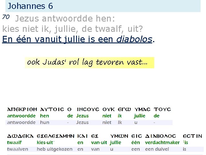 Johannes 6 Jezus antwoordde hen: kies niet ik, jullie, de twaalf, uit? En één