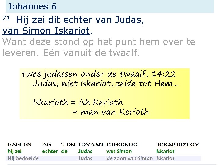 Johannes 6 Hij zei dit echter van Judas, van Simon Iskariot. Want deze stond