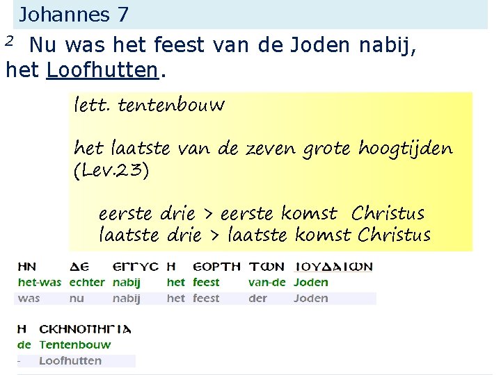 Johannes 7 Nu was het feest van de Joden nabij, het Loofhutten. 2 lett.