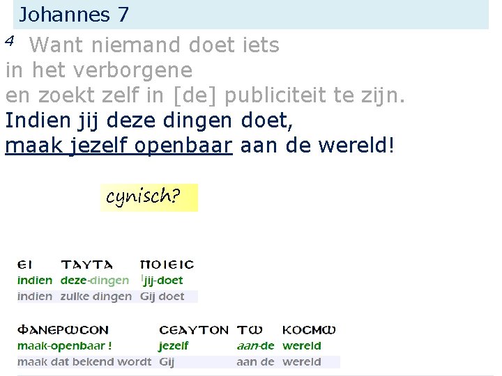 Johannes 7 Want niemand doet iets in het verborgene en zoekt zelf in [de]