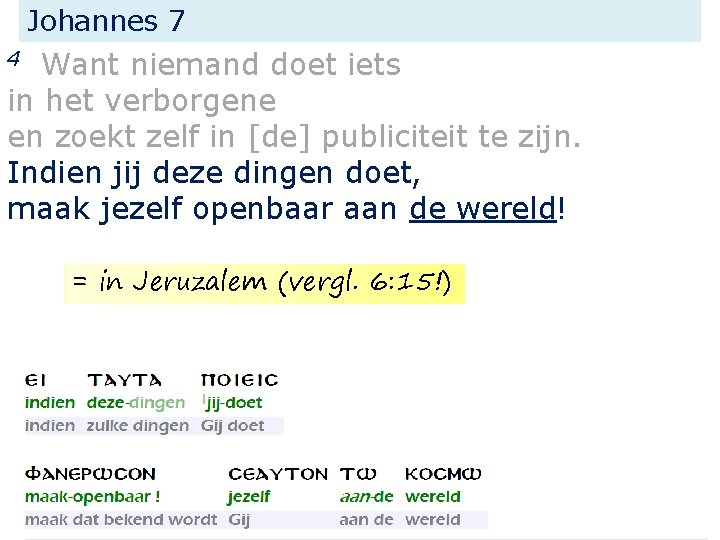 Johannes 7 Want niemand doet iets in het verborgene en zoekt zelf in [de]