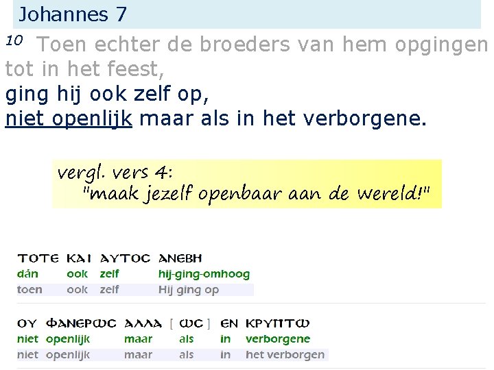 Johannes 7 Toen echter de broeders van hem opgingen tot in het feest, ging