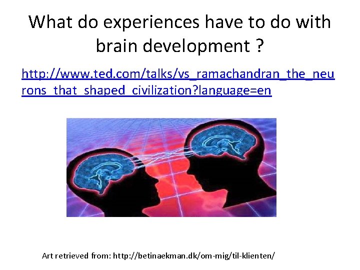 What do experiences have to do with brain development ? http: //www. ted. com/talks/vs_ramachandran_the_neu