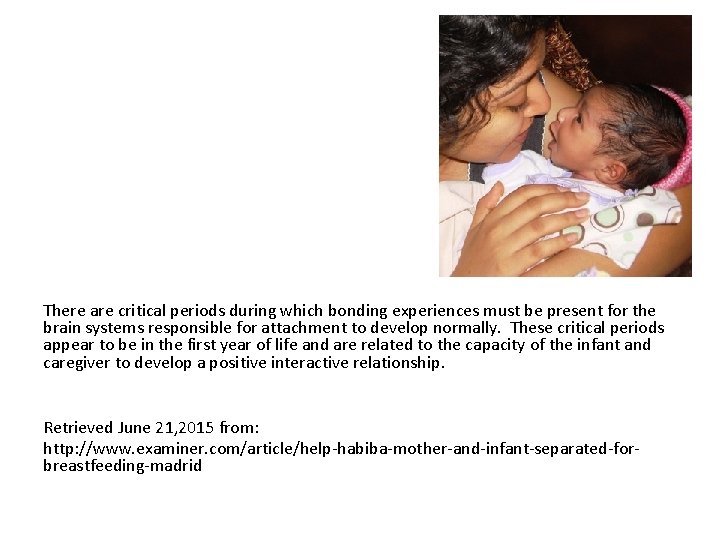 There are critical periods during which bonding experiences must be present for the brain