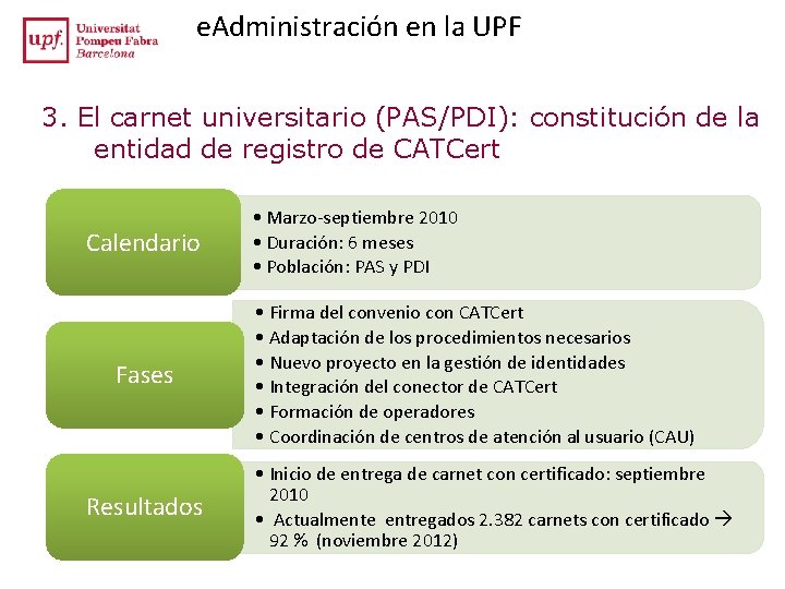 e. Administración en la UPF 3. El carnet universitario (PAS/PDI): constitución de la entidad e. Administración en la UPF 3. El carnet universitario (PAS/PDI): constitución de la entidad