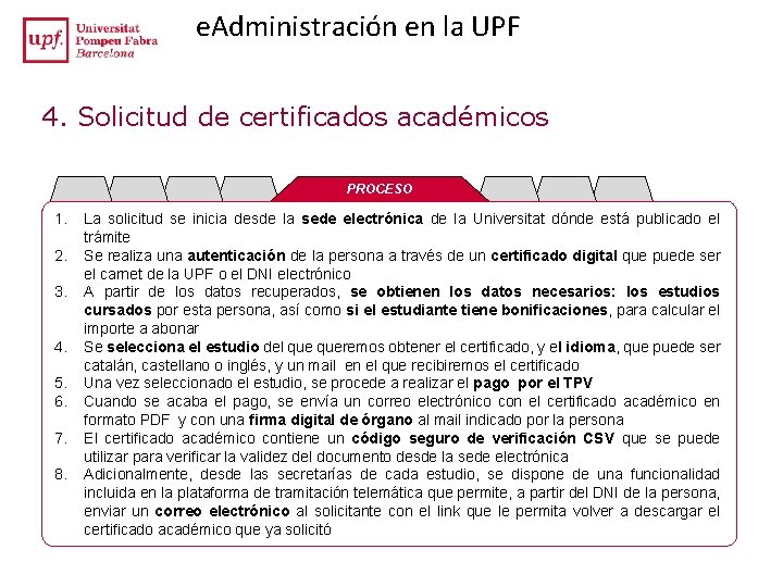 e. Administración en la UPF 4. Solicitud de certificados académicos PROCESO 1. 2. 3. e. Administración en la UPF 4. Solicitud de certificados académicos PROCESO 1. 2. 3.
