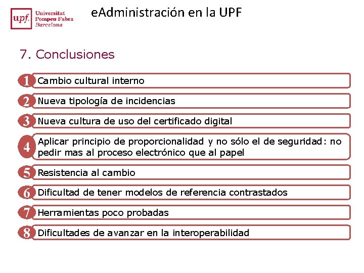 e. Administración en la UPF 7. Conclusiones 1 2 3 Cambio cultural interno 4 e. Administración en la UPF 7. Conclusiones 1 2 3 Cambio cultural interno 4