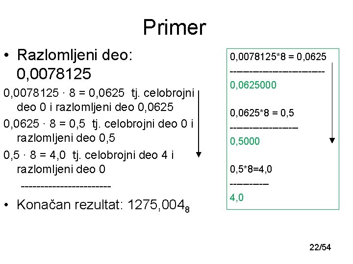 Primer • Razlomljeni deo: 0, 0078125 ∙ 8 = 0, 0625 tj. celobrojni deo