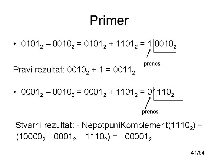 Primer • 01012 – 00102 = 01012 + 11012 = 1 00102 Pravi rezultat: Primer • 01012 – 00102 = 01012 + 11012 = 1 00102 Pravi rezultat: