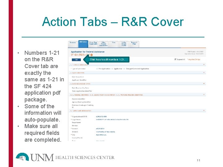 Action Tabs – R&R Cover • Numbers 1 -21 on the R&R Cover tab