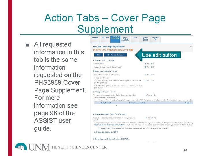 Action Tabs – Cover Page Supplement ■ All requested information in this tab is