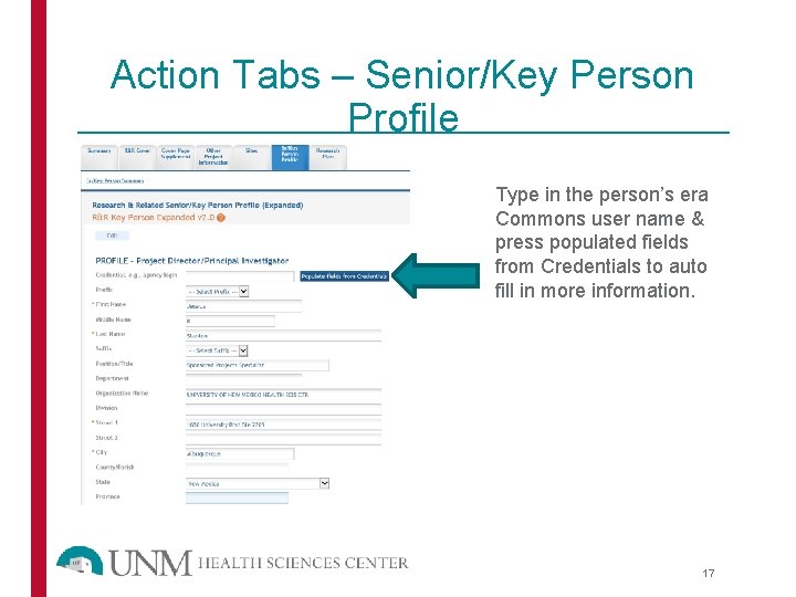 Action Tabs – Senior/Key Person Profile Type in the person’s era Commons user name