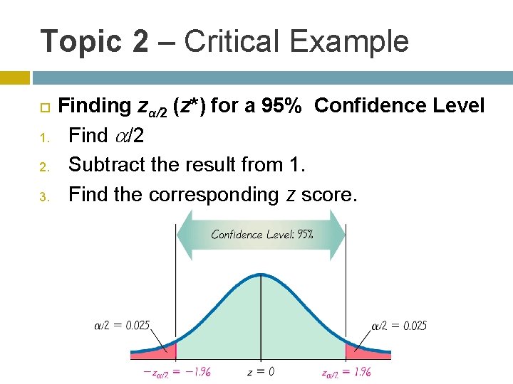 Topic 2 – Critical Example 1. 2. 3. Finding zα/2 (z*) for a 95%