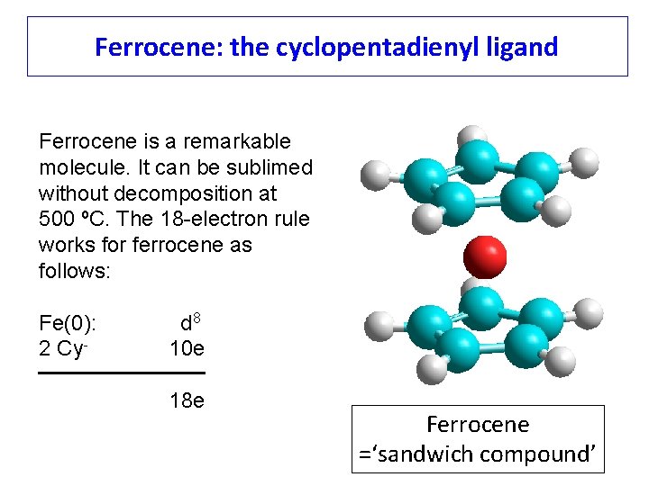 Ferrocene: the cyclopentadienyl ligand Ferrocene is a remarkable molecule. It can be sublimed without