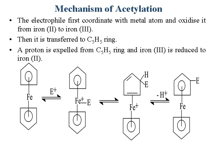 Mechanism of Acetylation • The electrophile first coordinate with metal atom and oxidise it