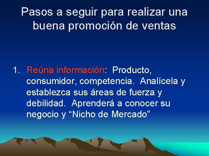 Pasos a seguir para realizar una buena promoción de ventas 1. Reúna información: Producto,