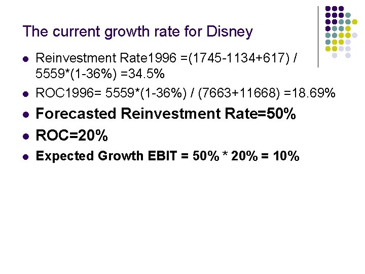 The current growth rate for Disney l l Reinvestment Rate 1996 =(1745 -1134+617) /